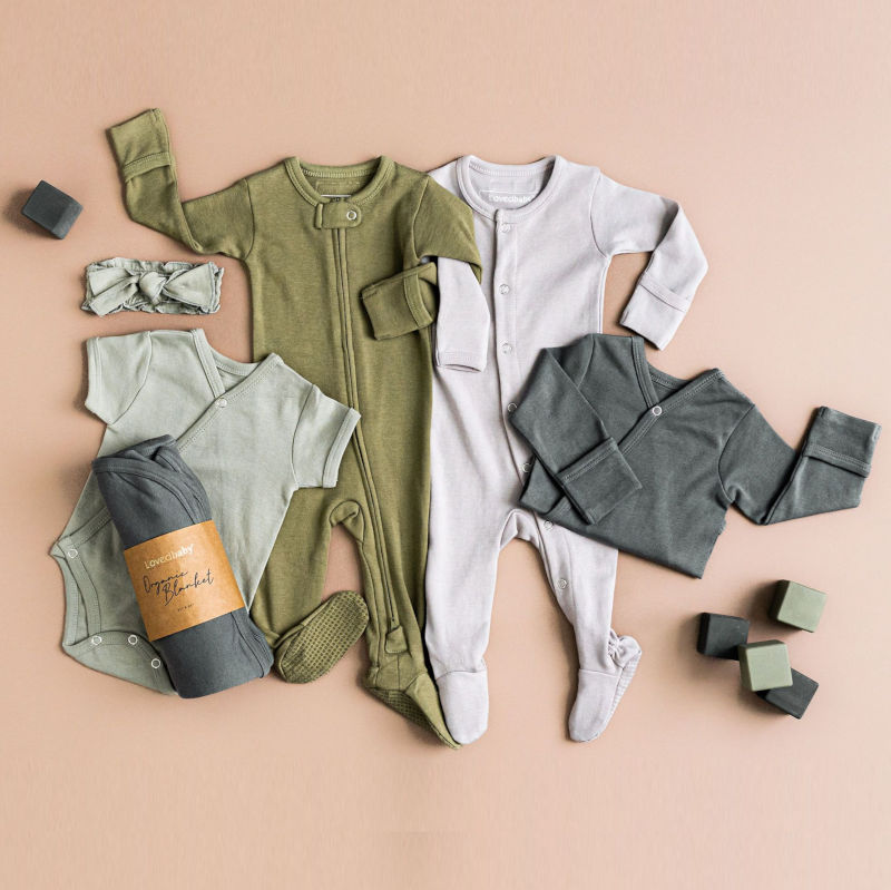 A flatlay of various garments from the Organic Essentials collection.