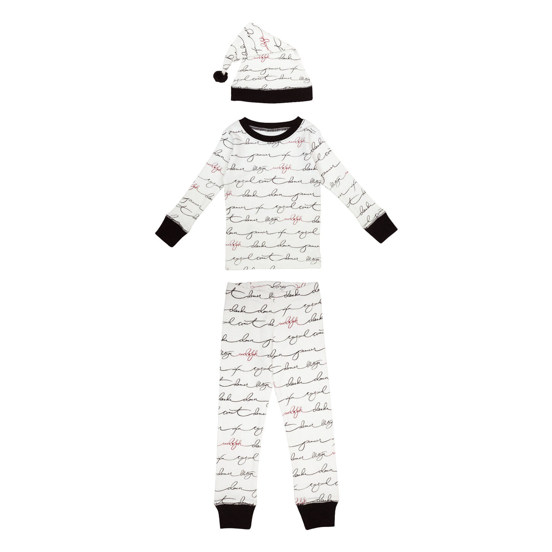 Organic Holiday Kids' PJ & Cap Set in Writing Reindeer, a white fabric with black printed reindeer names, and Rudolph's name in red.