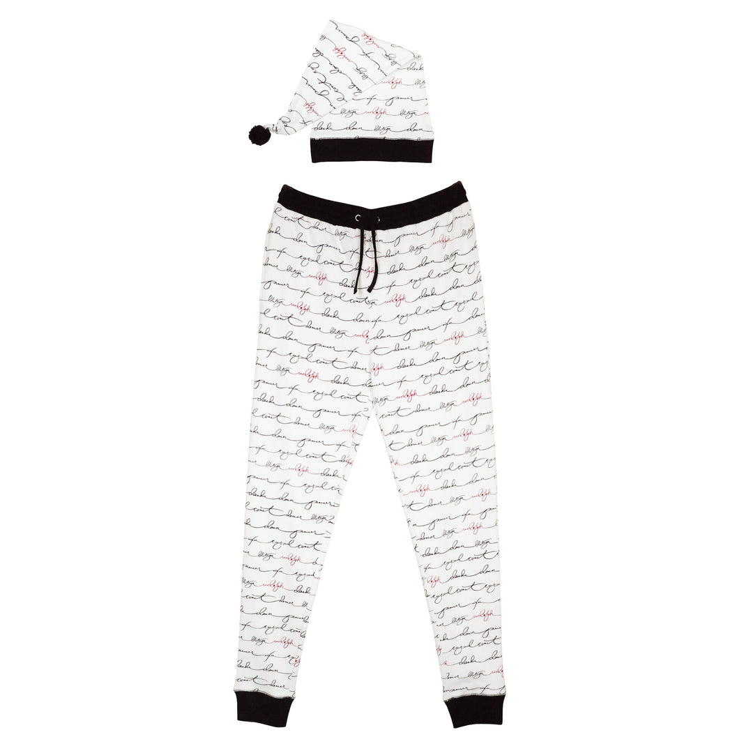 Organic Holiday Men's Jogger & Cap Set in Writing Reindeer, a white fabric with black printed reindeer names, and Rudolph's name in red.