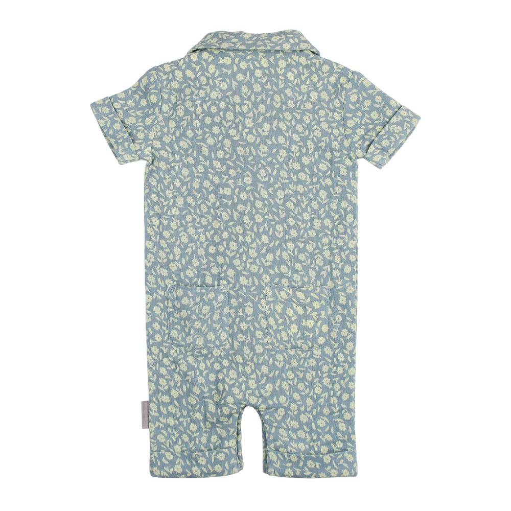Back view of Printed Muslin S/Sleeve Coverall in Lagoon Floral.