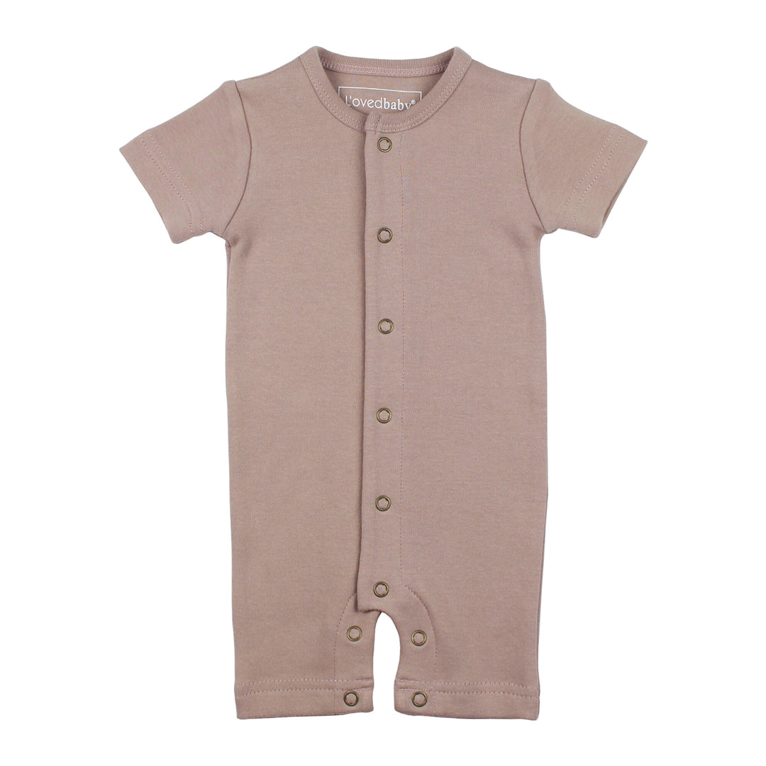 Organic Short-Sleeve Romper in Pinks, a trio of light pink, salmon pink, and medium pink.