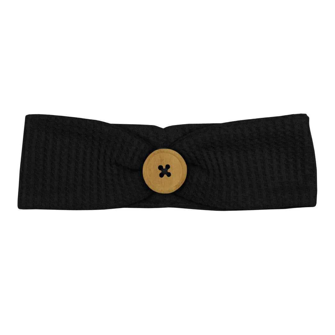 Organic Pique Button Headband in Black.