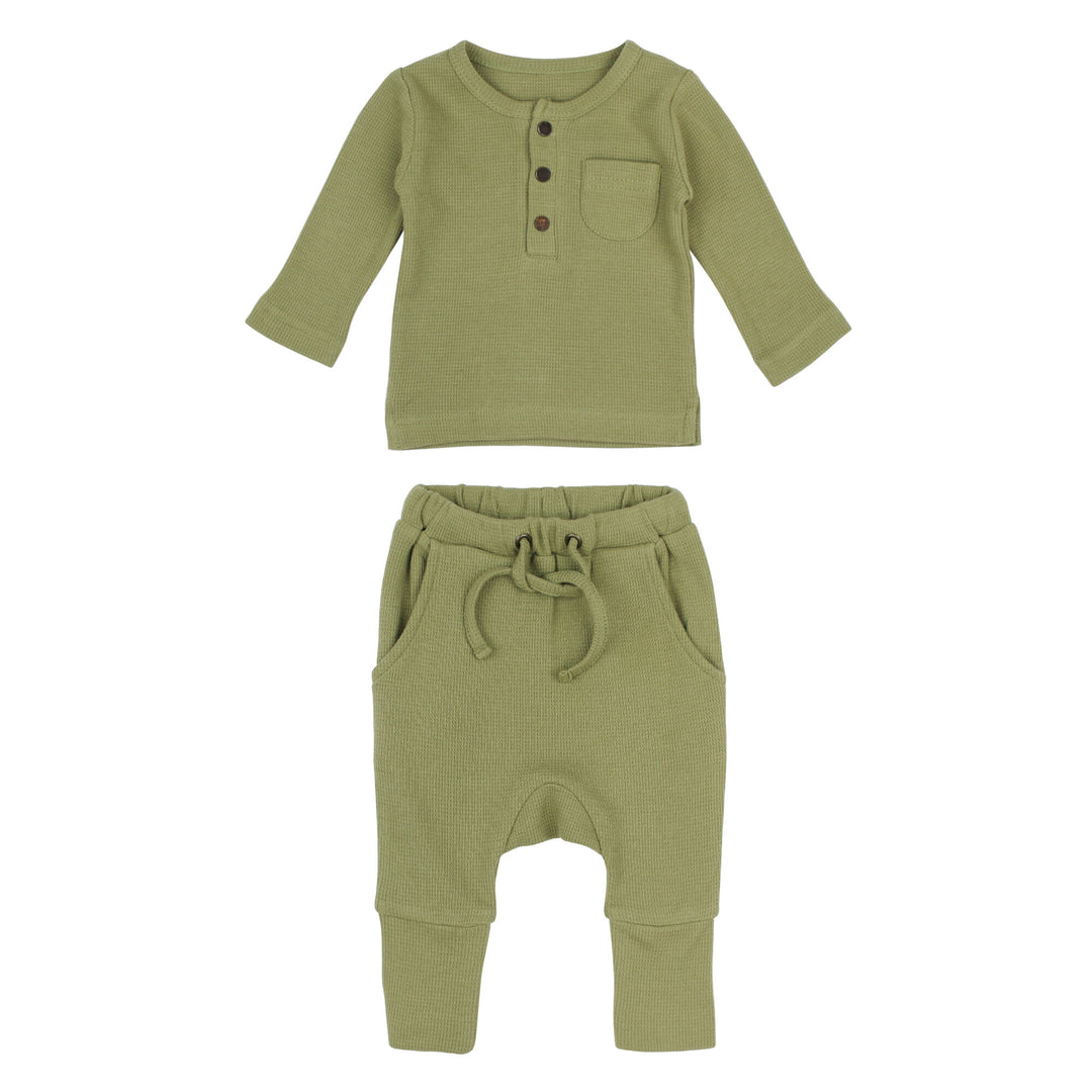 Thermal Henley & Jogger Set in Sage, a medium green color.