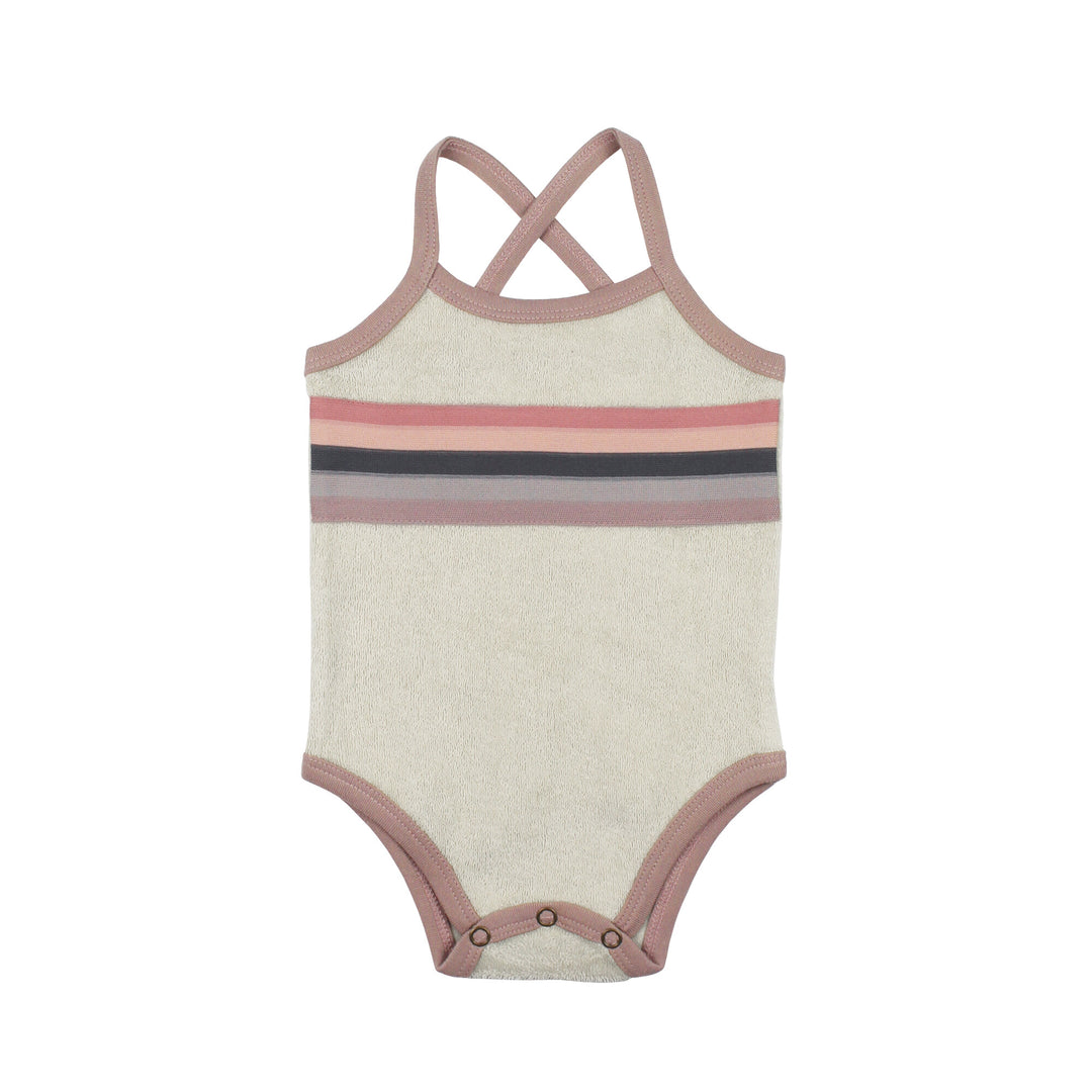 Organic Terry Cloth Bodysuit in Pinks, a trio of light pink, salmon pink, and medium pink.