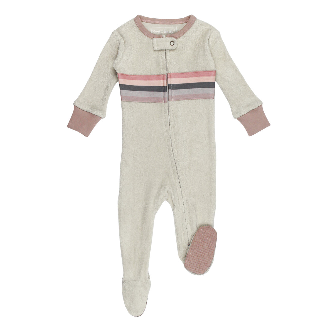 Organic Terry Cloth 2-Way Zipper Footie in Pinks, a trio of light pink, salmon pink, and medium pink.