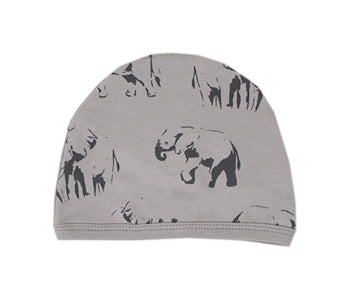 Organic Cute Cap in Light Gray Elephant, a light gray fabric with gray elephant print.