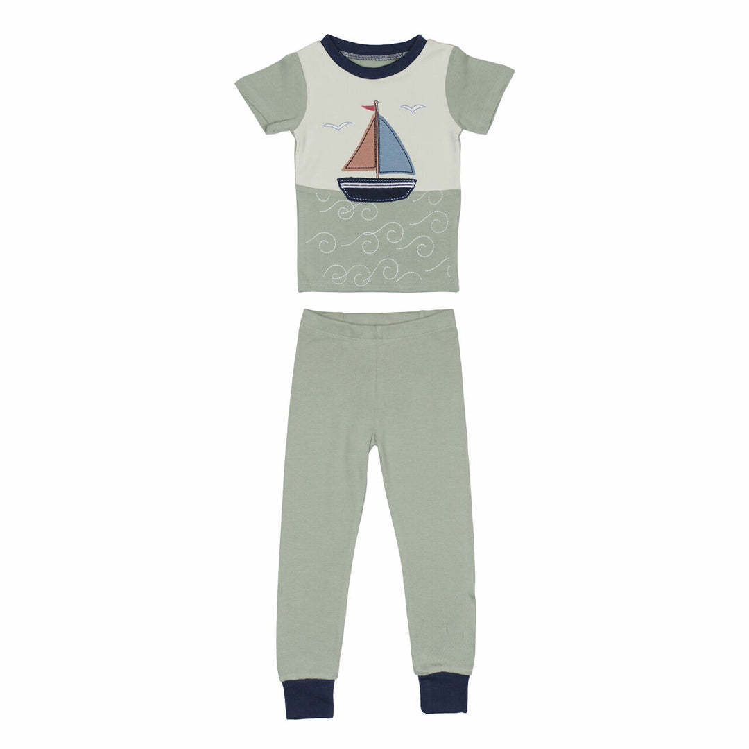 Kids' AppliquÃ© Short Sleeve PJ Set in Sailboat, a sailboat motif in off white, pink and blues.