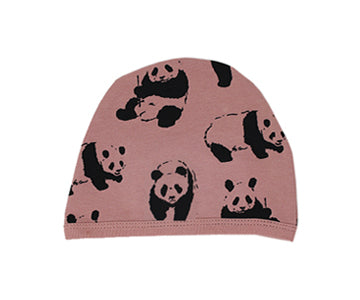 Organic Cute Cap in Mauve Panda, a dusky pink fabric with black panda print.