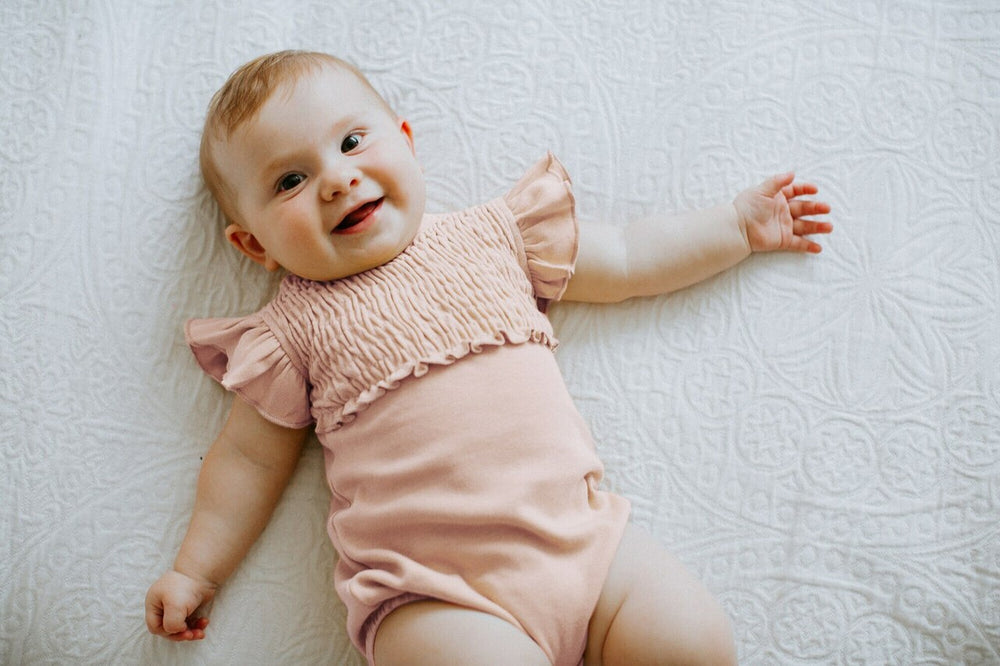 Smocked S/Sleeve Bodysuit in Rosewater, Lifestyle