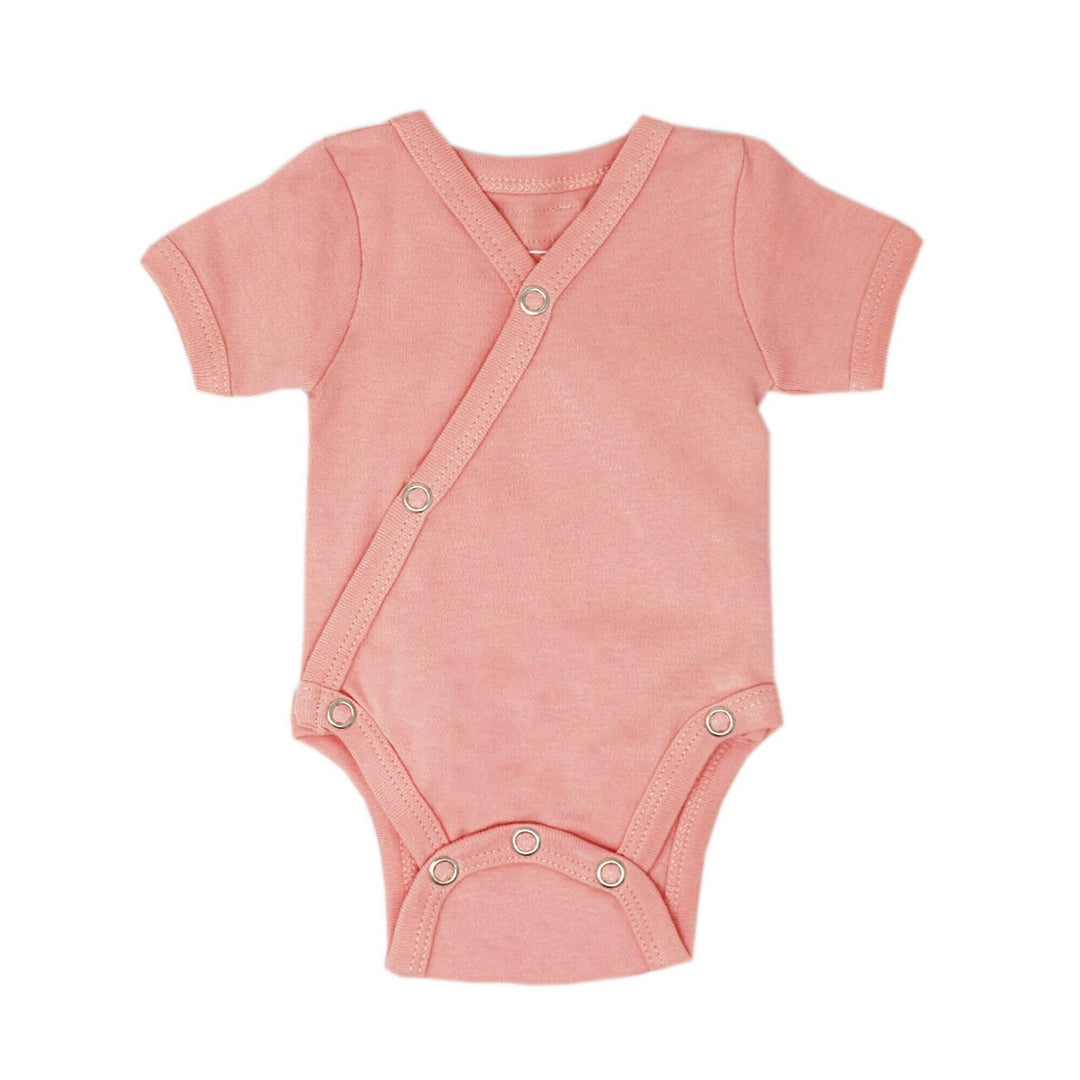 Organic Short-Sleeve Kimono Bodysuit in Coral, a salmon pink color.