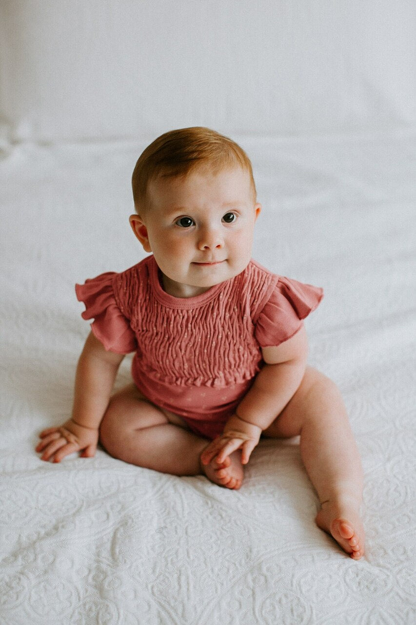 Smocked S/Sleeve Bodysuit in Sienna Dots, Lifestyle