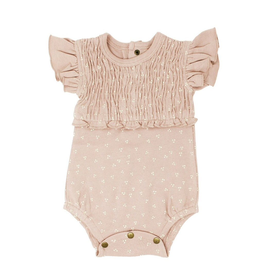 Smocked S/Sleeve Bodysuit in Rosewater Dots, Flat