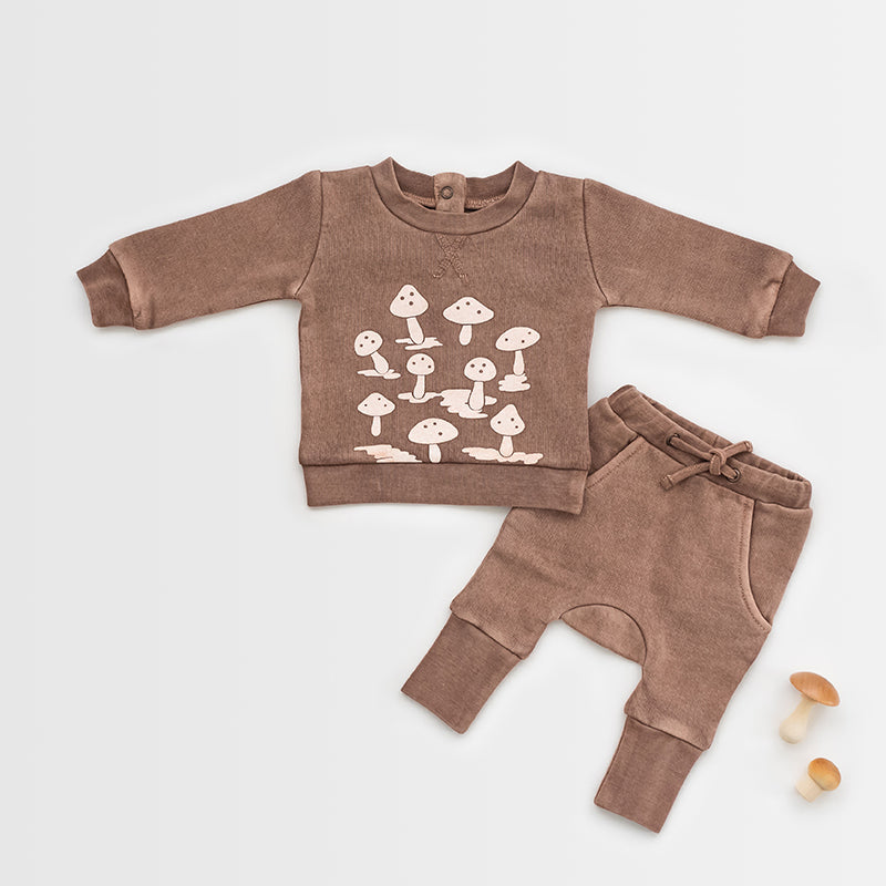 Flatlay of Organic Cozy Graphic Sweatshirt & Jogger Set in Umber Mushroom