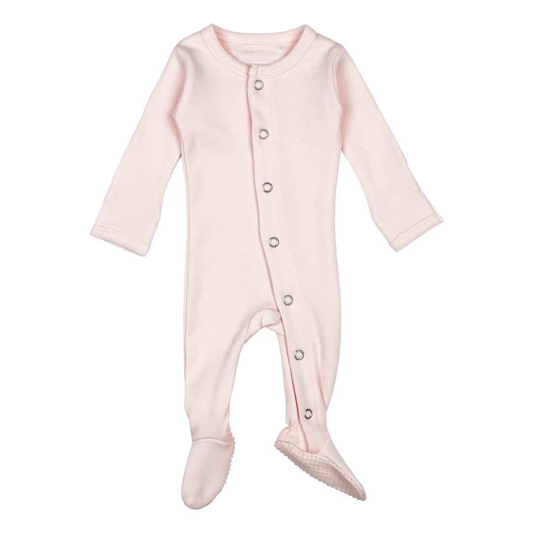 Organic Snap Footie in Blush, a pale pink color.