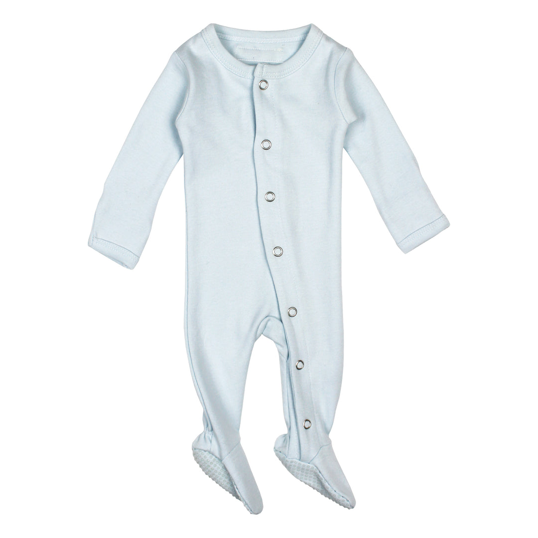 Organic Snap Footie in Moonbeam, a pale blue color.