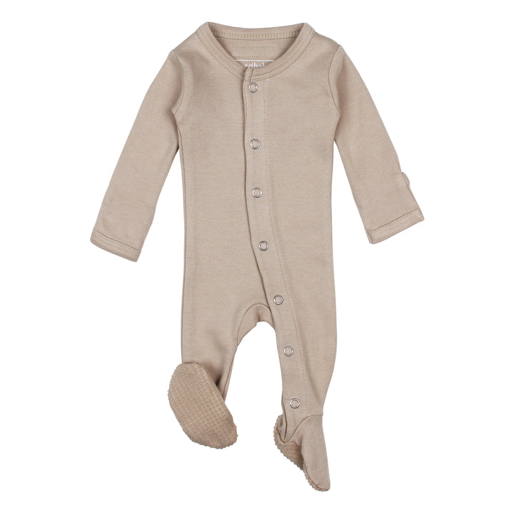 Organic Snap Footie in Oatmeal, a light tan color.