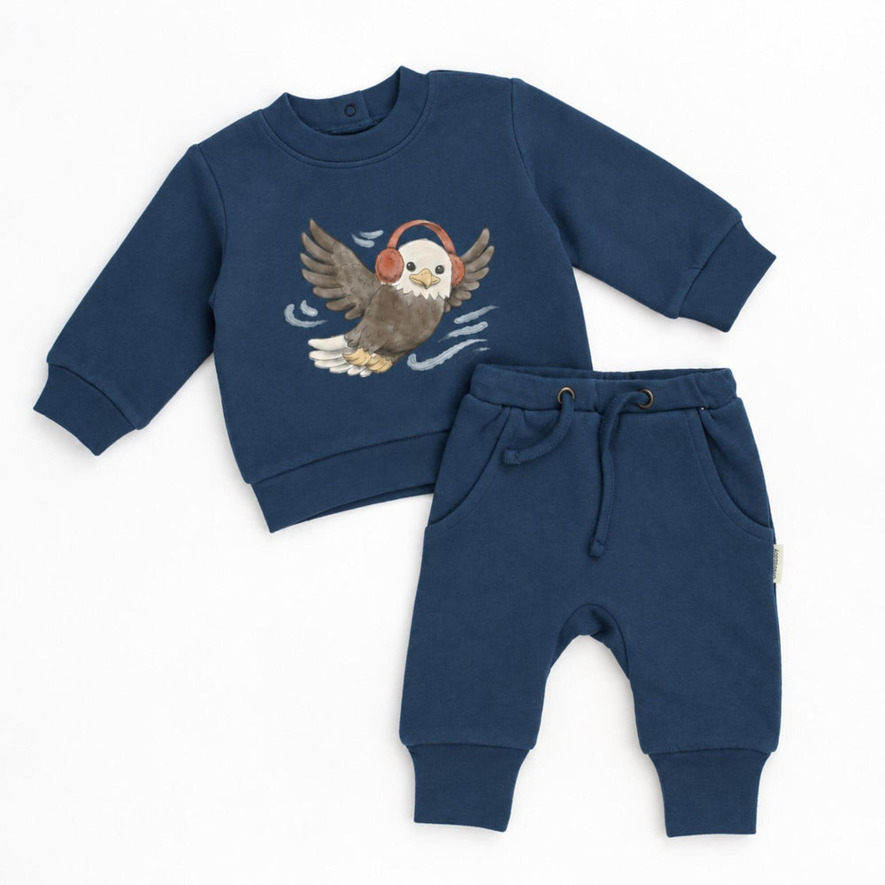 Child wearing Cozy Fleece Crewneck Sweatshirt in Bald Eagle.