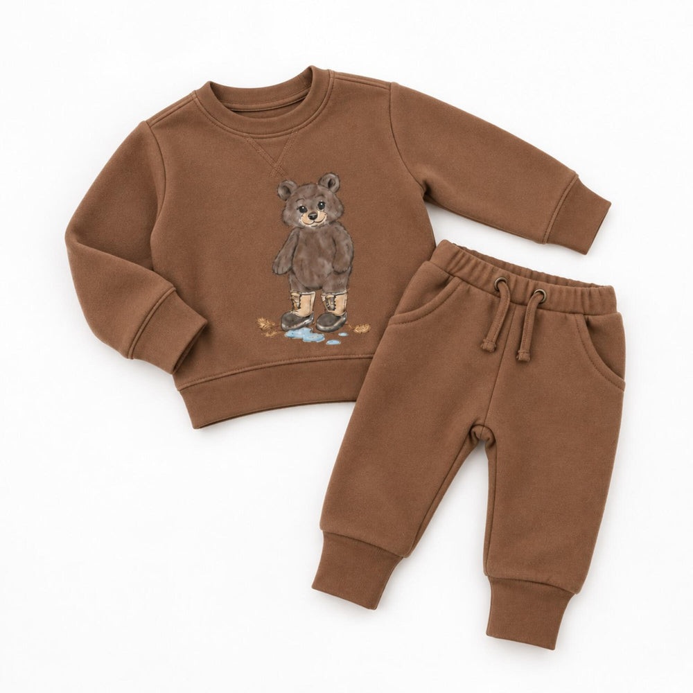 Child wearing Cozy Fleece Crewneck Sweatshirt in Black Bear.