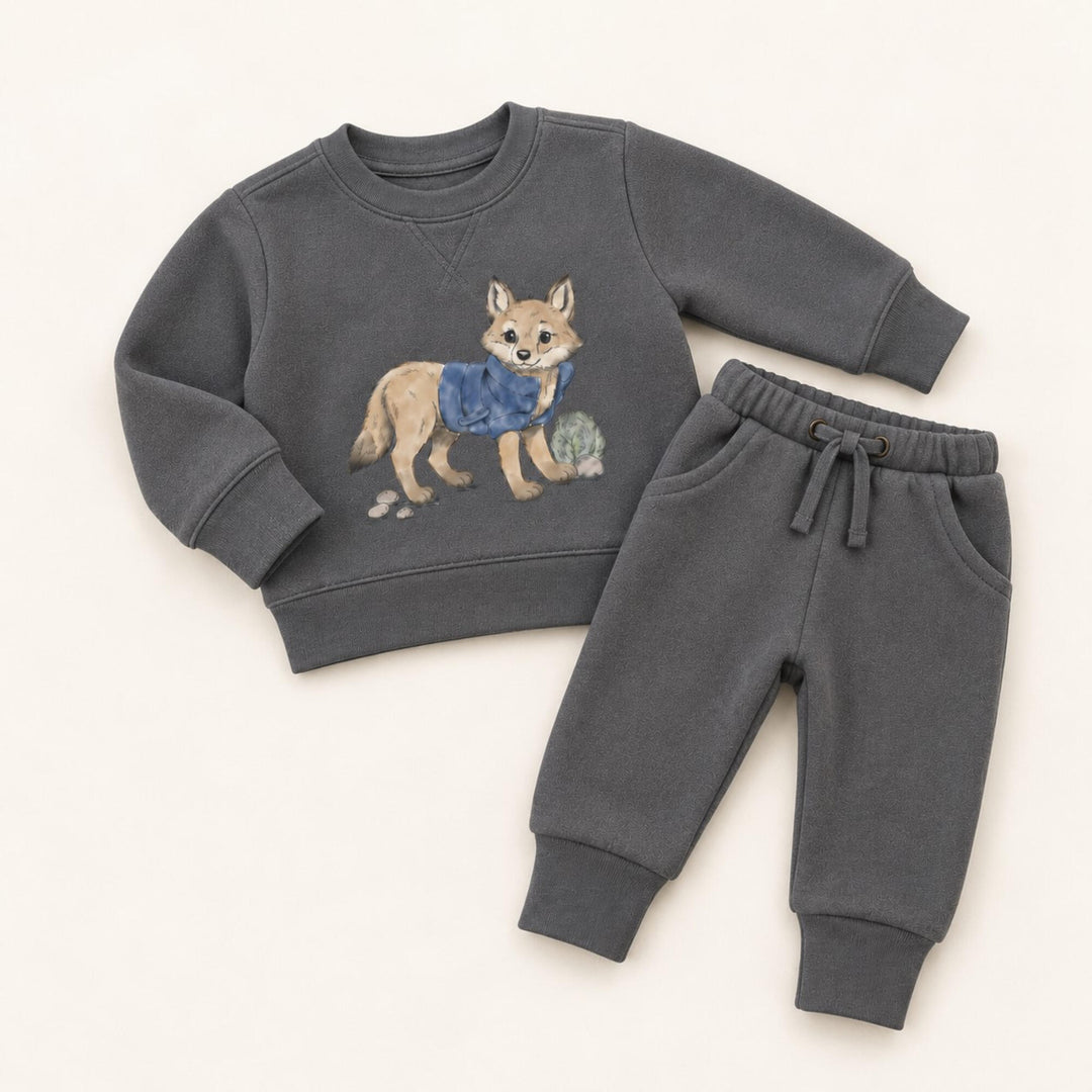 Child wearing Cozy Fleece Crewneck Sweatshirt in Coyote.