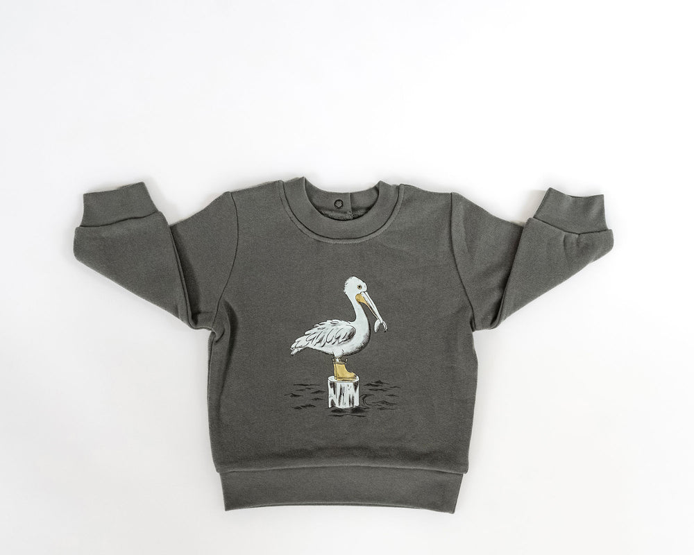Child wearing Cozy Fleece Crewneck Sweatshirt in Pelican.