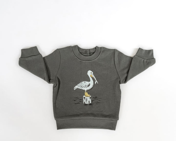 Child wearing Cozy Fleece Crewneck Sweatshirt in Pelican.