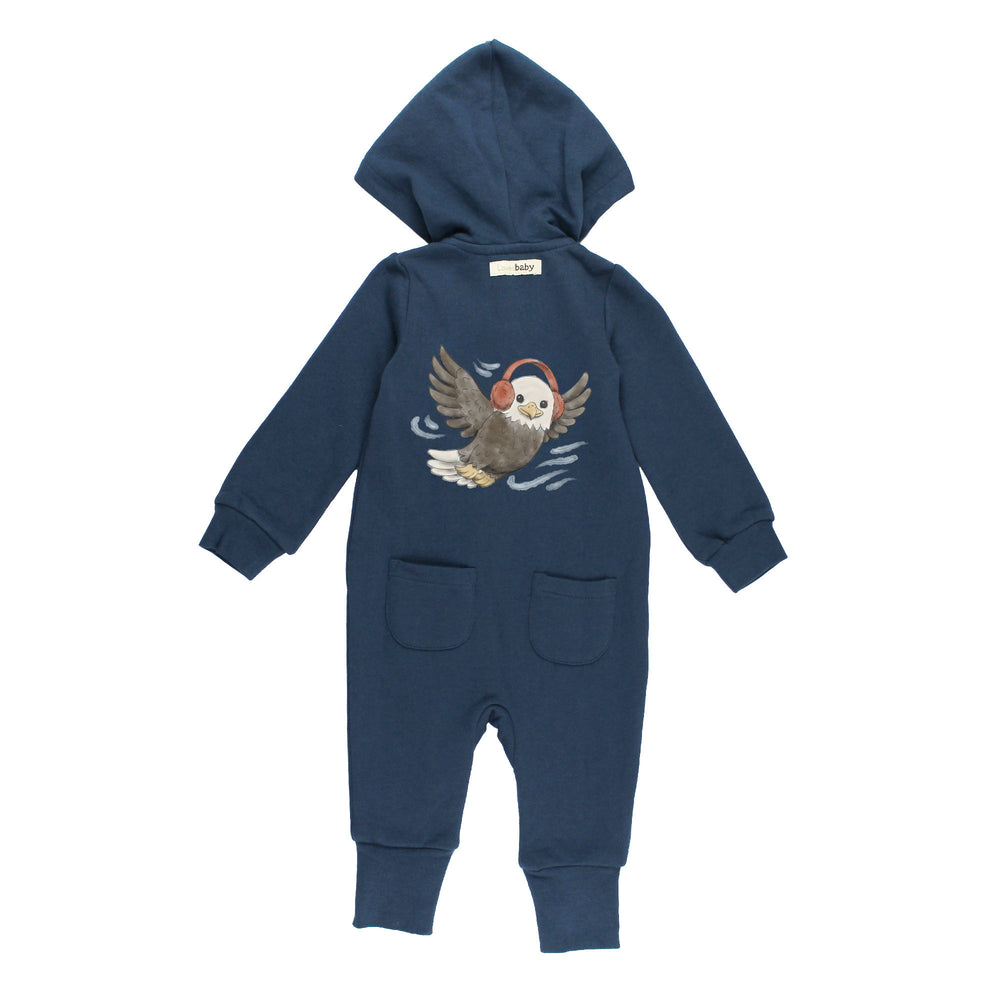 Back view of Organic Cozy Hooded Zipper Romper in Bald Eagle.