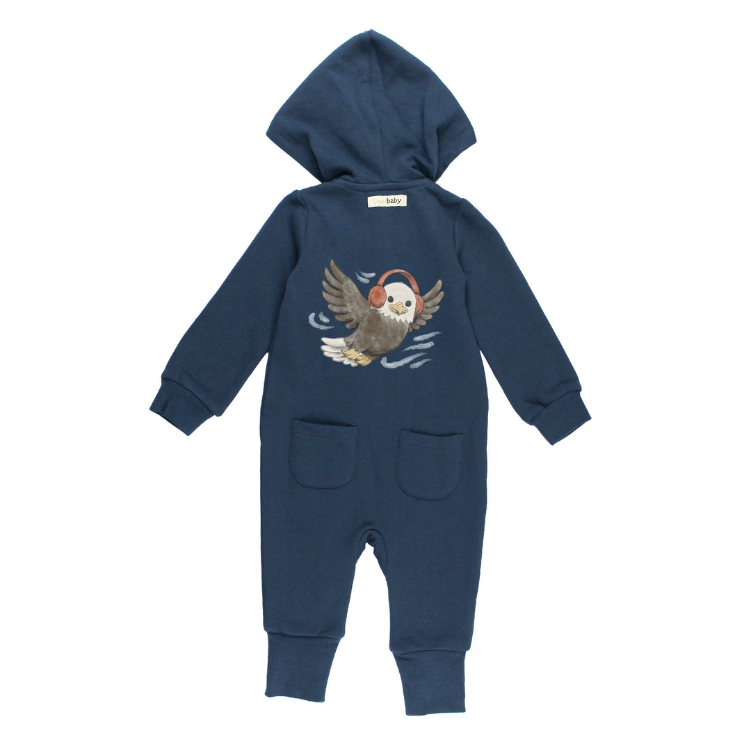 Back view of Organic Cozy Hooded Zipper Romper in Bald Eagle.