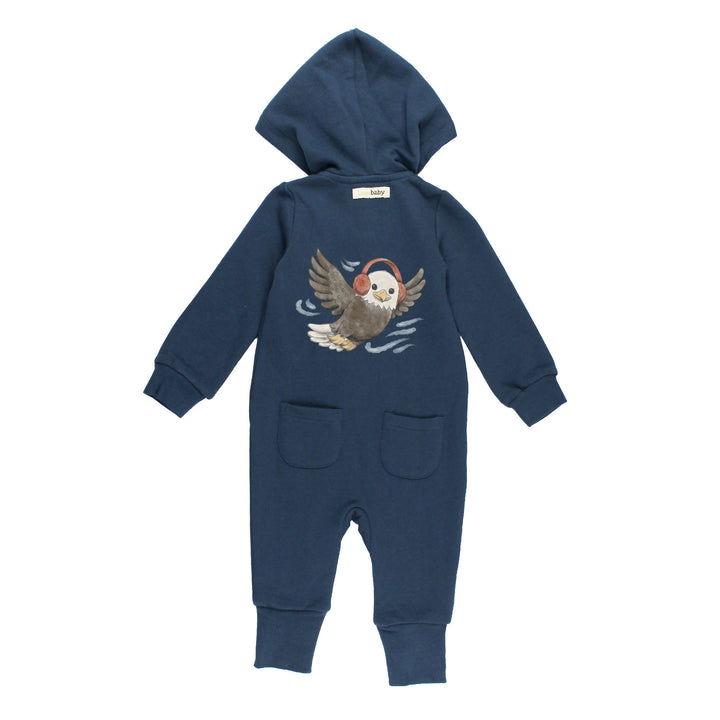 Back view of Organic Cozy Hooded Zipper Romper in Bald Eagle.