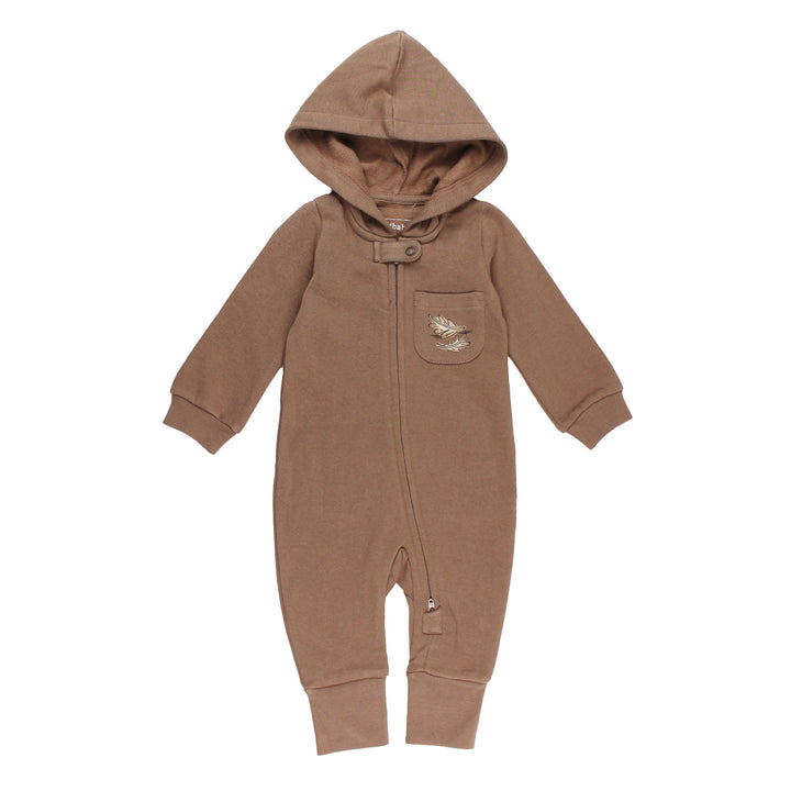 Organic Cozy Hooded Zipper Romper in Black Bear.