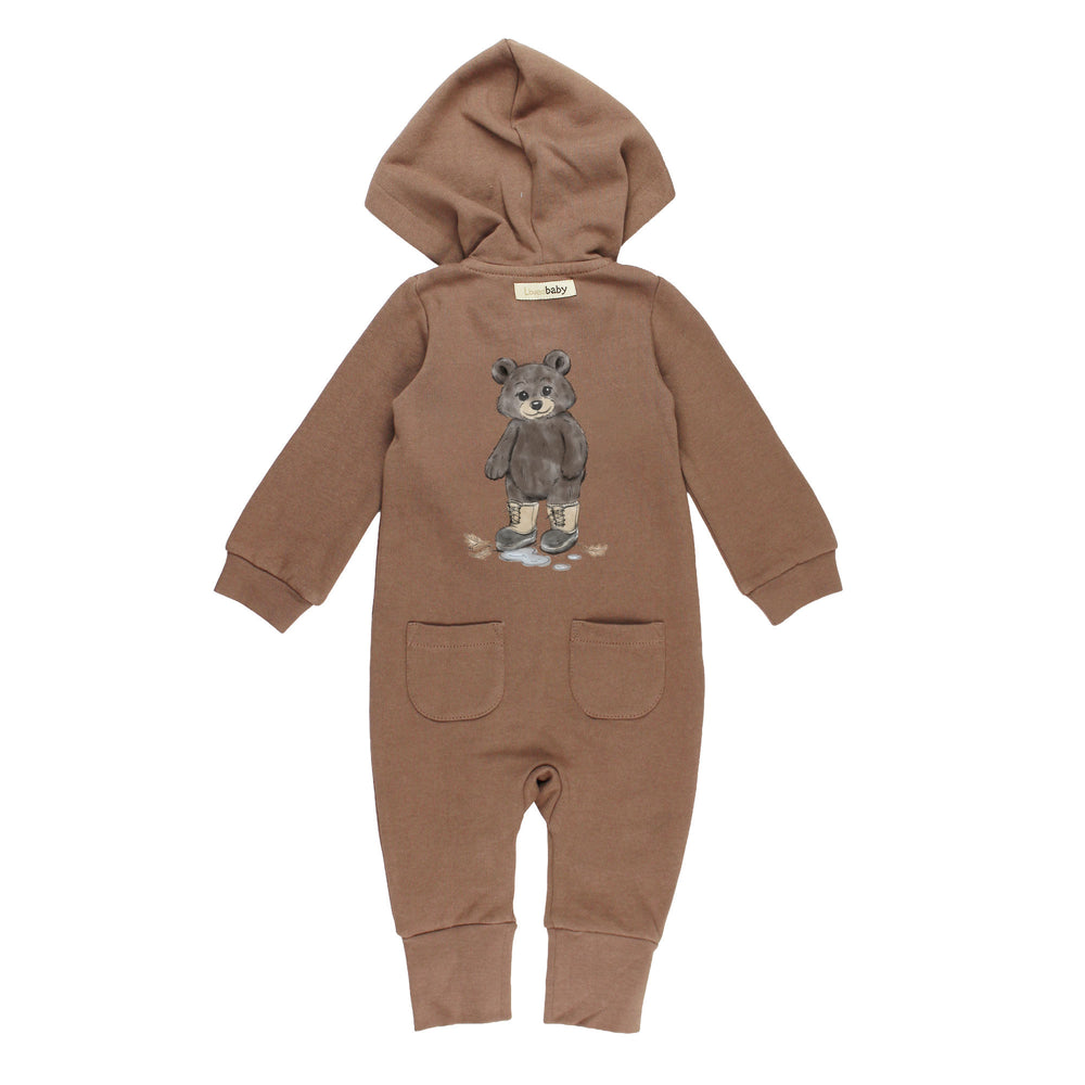 Back view of Organic Cozy Hooded Zipper Romper in Black Bear.