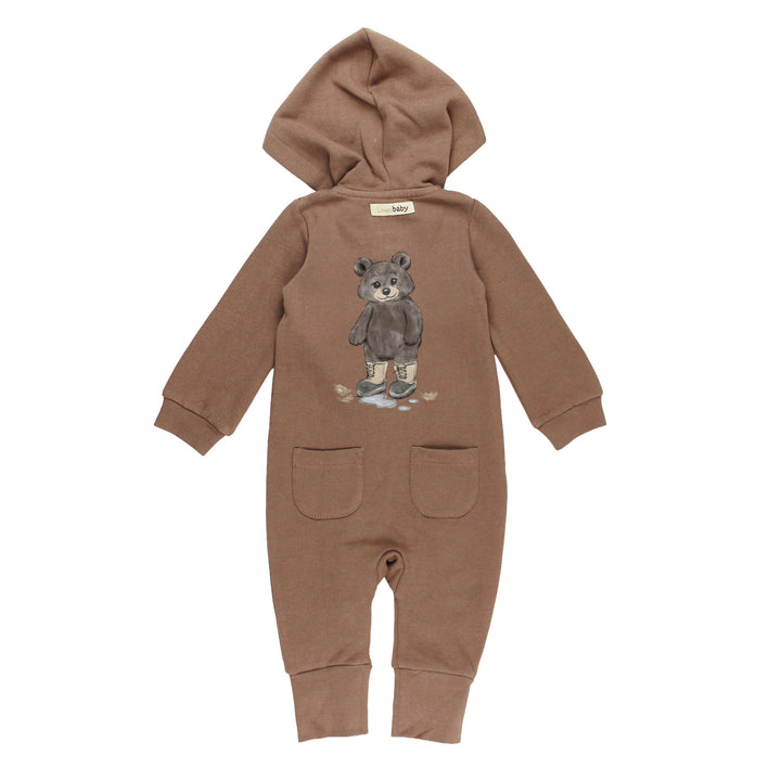 Back view of Organic Cozy Hooded Zipper Romper in Black Bear.