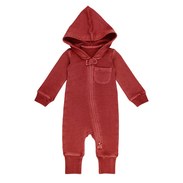 Organic Cozy Zipper Romper in Cherry, a bright red color.