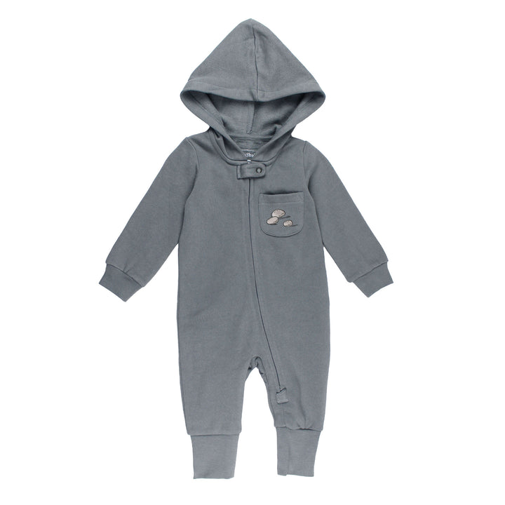 Organic Cozy Hooded Zipper Romper in Coyote.