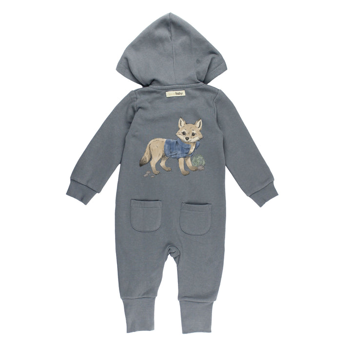 Back view of Organic Cozy Hooded Zipper Romper in Coyote.