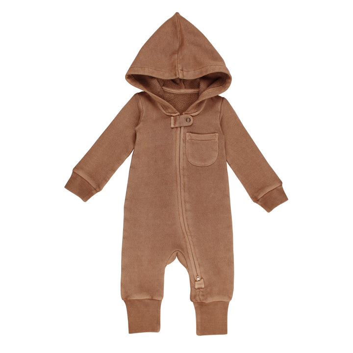 Organic Cozy Zipper Romper in Latte, a medium brown color.