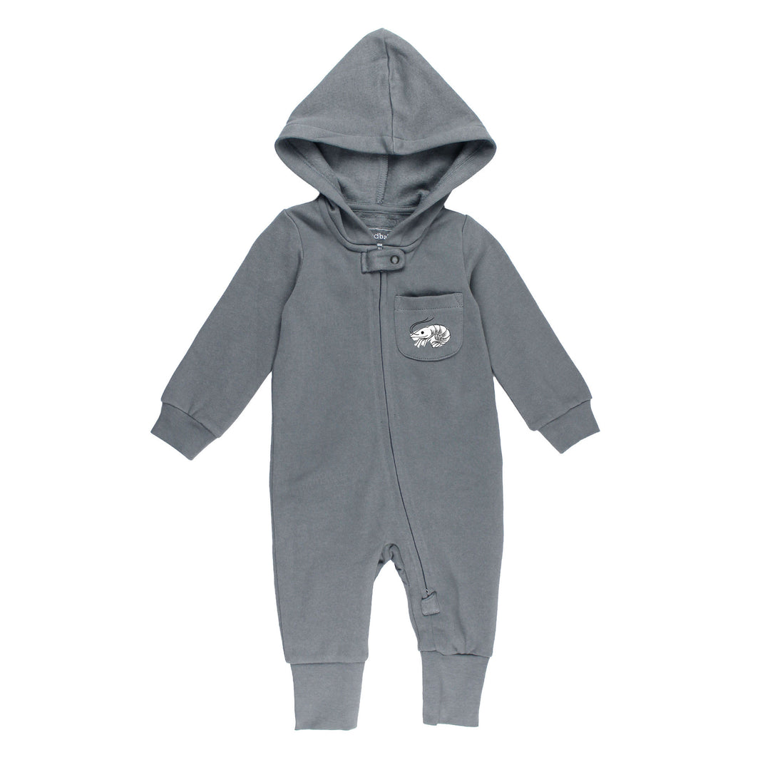 Organic Cozy Hooded Zipper Romper in Lobster.