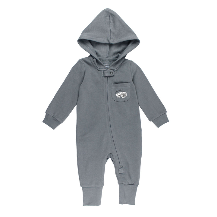 Organic Cozy Hooded Zipper Romper in Lobster.