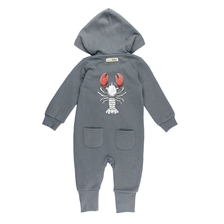 Back view of Organic Cozy Hooded Zipper Romper in Lobster.
