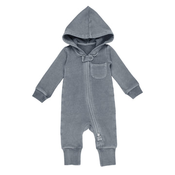 Organic Cozy Zipper Romper in Moonstone, a gray blue color.