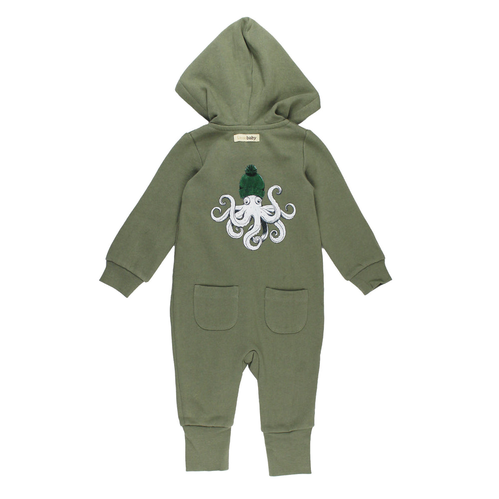 Back view of Organic Cozy Hooded Zipper Romper in Octopus.