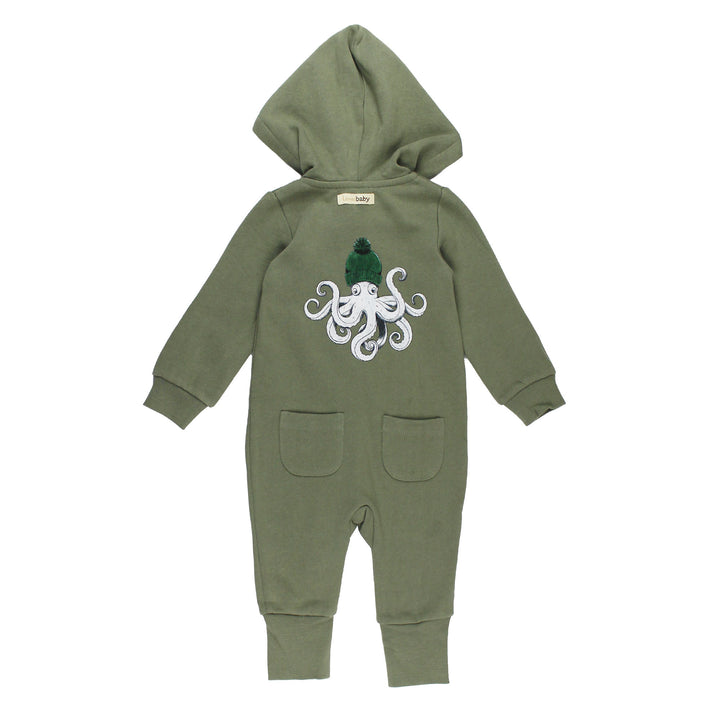 Back view of Organic Cozy Hooded Zipper Romper in Octopus.