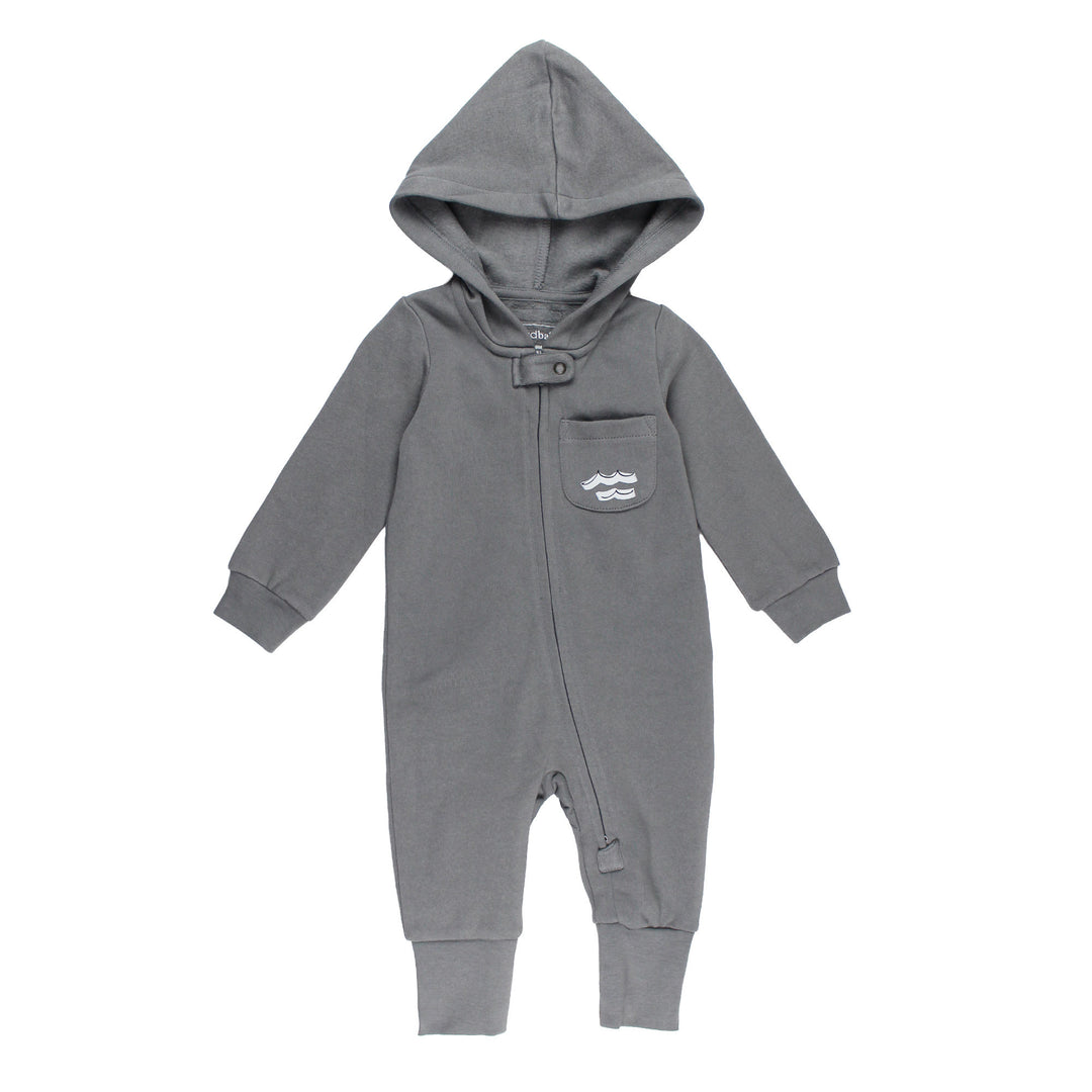 Organic Cozy Hooded Zipper Romper in Pelican.