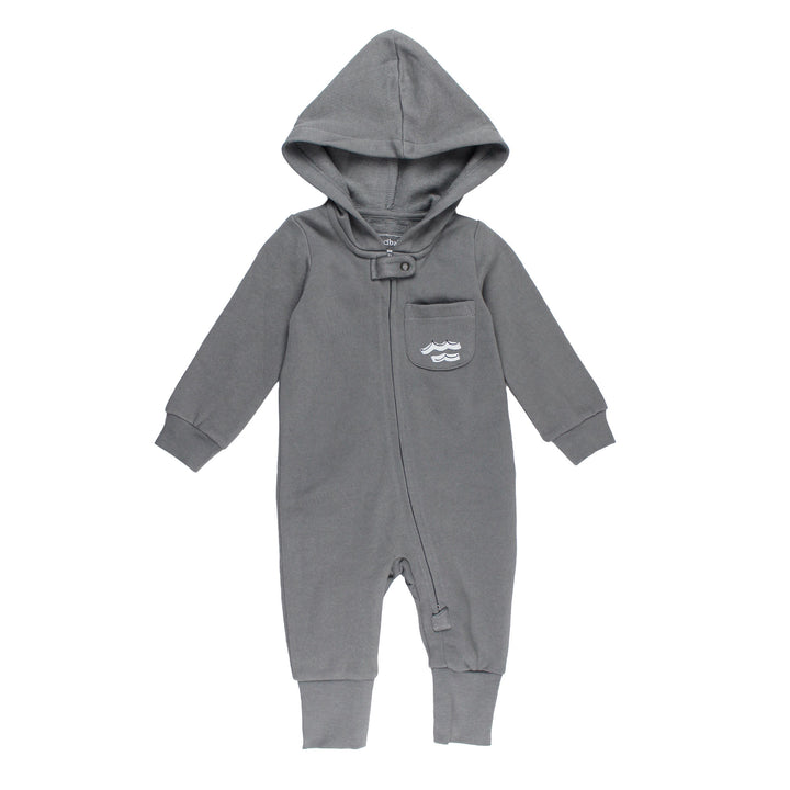 Organic Cozy Hooded Zipper Romper in Pelican.
