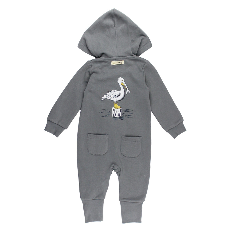 Back view of Organic Cozy Hooded Zipper Romper in Pelican.