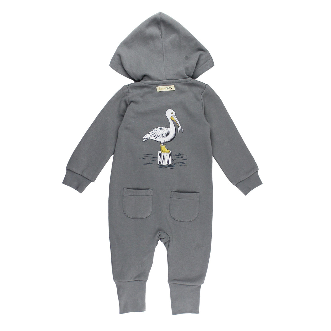 Back view of Organic Cozy Hooded Zipper Romper in Pelican.