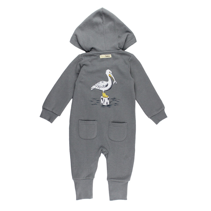 Back view of Organic Cozy Hooded Zipper Romper in Pelican.
