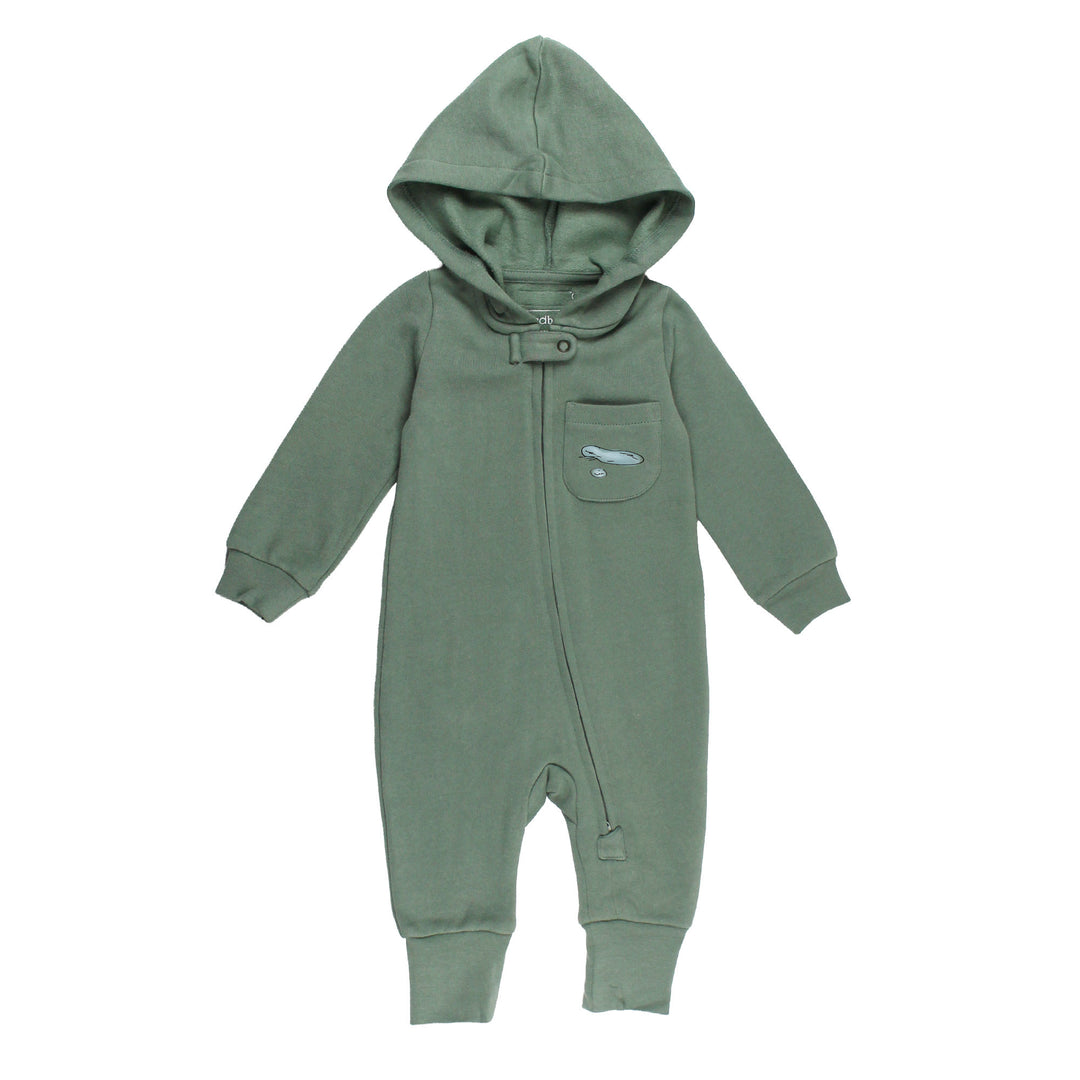 Organic Cozy Hooded Zipper Romper in Raccoon.