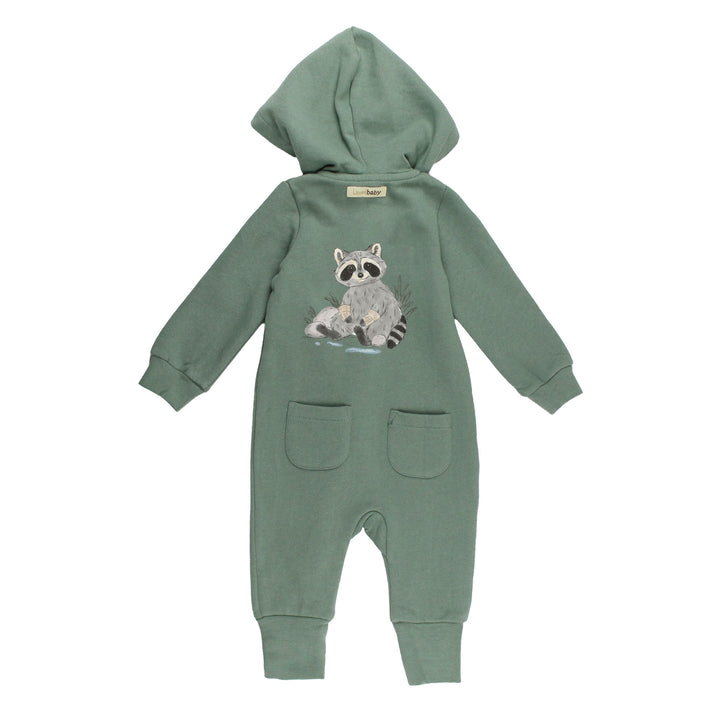 Back view of Organic Cozy Hooded Zipper Romper in Raccoon.