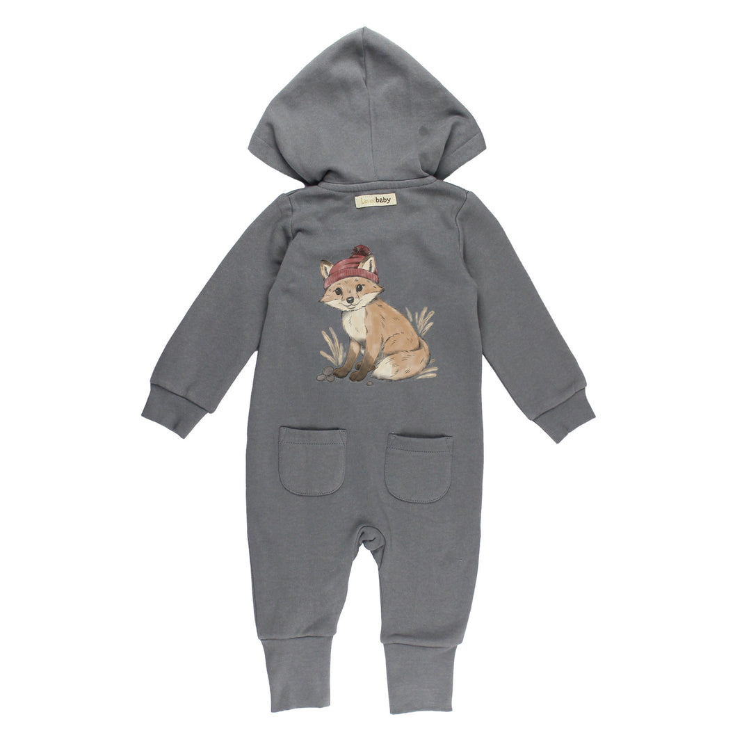 Back view of Organic Cozy Hooded Zipper Romper in Red Fox.