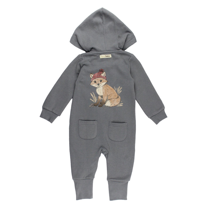 Back view of Organic Cozy Hooded Zipper Romper in Red Fox.